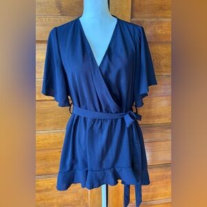 Bloom Chic Navy High Low Faux Wrap Top